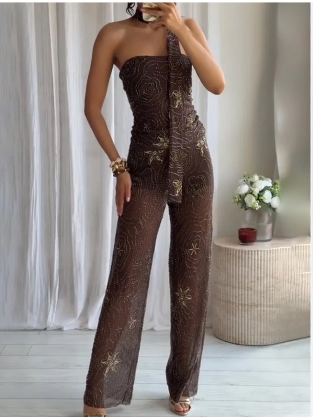 Zara Sequin-Embellished Top & Pants set in brown